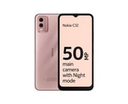 Nokia C32 6.5” HD+ Smartphone with 4GB RAM/64GB ROM, 50MP/8MP cameras, 5000 mAh 3-day Battery Life, Toughened Glass back, IP52 Rating, Fingerprint sensor & Face unlock, Android 13, Dual SIM - Pink