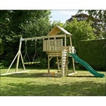 Tp Toys - Aire de jeux bois kingswood tour / echelle / plateforme / bac a sable / toboggan / balancoire / fauteuil bebe h.306 cm - marron - bleu