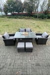 Rattan Outdoor Furniture Gas Fire Pit Rectangle Dining Table Gas Heater Chairs Love Sofa 6 Seater