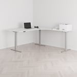Höj och sänkbart hörnskrivbord, högersvängt, grått stativ, vit bordsskiva 180x200cm