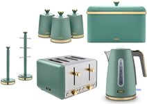 Tower Cavaletto Jade Kettle 4 Slice Toaster & Kitchen Storage Set of 8 in Green