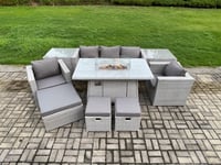 Outdoor Garden Dining Sets Rattan Furniture Gas Fire Pit Dining Table With 2 Armchairs 2 Side Tables
