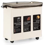 Multigot Collapsible Laundry Basket, 3 Section Dirty Clothes Hamper with Wheels and Mesh Cover, 120L Large Rolling Laundry Sorter for Bathroom Laundry Room (Beige)