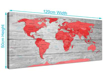 Large Red Grey Map of the World Atlas Canvas Wall Art Print 120cm Wide - 1300
