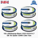 Mediarange Branded Blank LOGO DVD-R 4.7 GB 16x Speed 120Min Cake Tub x 100 Discs