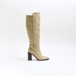 River Island Womens Knee High Boots Beige Buckle Detail Heeled Side Zip Shoes