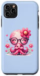 iPhone 11 Pro Max Blue Background, Cute Blue Octopus Daisy Flower Sunglasses Case