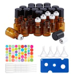 BENECREAT 30 Pack 2ml Amber Glass Roller Bottle with Black Cap Mini Brown Essential Oil Roll on Bottle with 4 Hoppers, 1 Opener, 10pcs 3ml Droppers and 1 Sheet Sticker for Aromatherapy Perfume