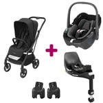 Maxi Cosi Pack poussette duo Léona 2 + pebble 360 essential Black base familyfix