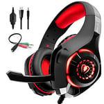 Beexcellent Stereo Gaming Headset for PS4 PC Xbox One Controller Bass Surround LED Light Noise Cancelling Headphones with Mic Red