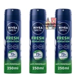 3 X Nivea Men FRESH SENSATION 72hr Antibacterial Anti Perspirant Deodorant 250ml