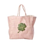 Rice - Raffia Shopping Bag Green Clover Embroidery in Pink and Nature Checks