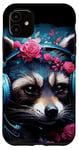 Coque pour iPhone 11 Cute Anime Gamer Raton laveur Gaming Casque Rose Fleurs Art