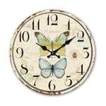 Wooden MDF Round Home Wall Clock 34cm Lady Bird, Butterfly, Figure Drawings, Watercolour, Nature, Illustration, Blue, Red, Yellow.- Living Room, Bedroom and Kitchen - Multi-Coloured Vintage Style