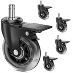 Office Chair Caster Wheel with Lock, Replacement for Hardwood Carpeted Floors, 3" Heavy Duty Rubber Rollerblade Caster Wheel with Brakes Inserts for Desk Gaming Chair, Universal Grip Ring Stem (3")