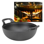 Cast Iron Wok W/2 Handle Wooden Lid Frying Pan W/Flat Base Uncoated For Stir UK