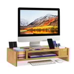 Relaxdays Monitorställ, Skärmstativ av bambu, 14 fack, Ergonomisk upphöjare, HLP 15x65x28cm, naturlig