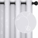 Deconovo - Rideau Occultant Isolant Thermique Anti Froid, avec Oeillets, Chambre Salon Fille Garon, Motifs Argents Feuilles et Fleurs, 140x180 cm,
