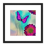 Bright Colourful Purple Emperor Butterfly With Vibrant Chrysanthemum Flowers Garden Nature Square Wooden Framed Wall Art Print Picture 8X8 Inch