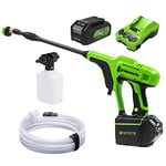 Greenworks cordless handheld pressure washer G24PW (Li-Ion 24V, 300 watts motor power, 24 bar pressure, 180 l/h flow rate, 5-way nozzle, 6 m hose + 4Ah battery and charger)