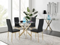 Novara 100cm Round Tempered Glass Dining Table with Gold Legs & 4 Milan Faux Leather Chairs