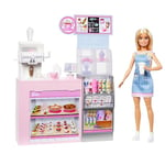 Barbie Coffret Pause Café avec poupée Barista Blonde et Plus de 12 Accessoires, Dont Une Machine à café/Smoothie, de la Nourriture, des Tasses et Bien Plus Encore, HXN94