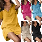 Women Loose Dresses Casual Solid Color V Khaki S