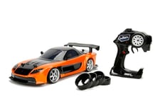 Jada Toys Fast & Furious RC Drift Mazda RX-7 Voiture télécommandée, Drift, 4 Roues motrices, 4 pneus de Rechange, Fonction de Charge USB, avec Piles Orange 1:10