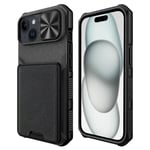 iPhone 15 Hybrid Håndverker Deksel m. Kortholder &amp; Cam Slider - MagSafe Kompatibel - Svart