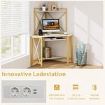 Skrivbord med laddstation hörn datorbord med tangentbordshylla & 2 hyllor 113 x 75 x 145 cm vit + guld