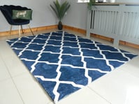 Fluffy Rug Anti Slip super Soft Shaggy Carpet Mat Floor Bedroom Living Room Rug trellis design (Navy off white trellis, 80 x 150 cms)