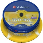 25 Verbatim Blank DVD+RW Rewritable 4X 120 mins DVD SERL Discs Spindle 43489