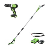 Greenworks 24V 20cm Pole-Saw, 60Nm Drill with 2Ah Battery/Charger