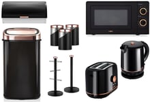 Tower Black/Rose Gold Kettle Toaster 700W Microwave Kitchen Bin & Storage Set
