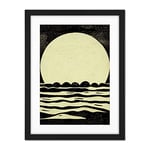 Doppelganger33 LTD Retro Moonrise Over Sea Black And White Linocut Illustration Artwork Framed Wall Art Print 18X24 Inch