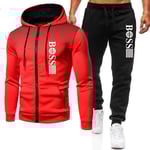Herr \"Boss\"" Tryckt Träningsoverall Set Dragkedja Huvtröja Jacka Joggers Byxor Sportkläder Aktivkläder M-3XL Red-Black L"