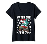 Womens 7 Years Old 7th Birthday Shark Boy Girl Monster Truck Gamer V-Neck T-Shirt
