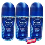 3 X 50ml Nivea For Men Cool Kick Roll On Anti-Perspirant Deodorant
