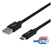 DELTACO USB-A - USB-C-kaapeli, 2m, USB 2.0, punottu, musta