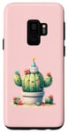 Coque pour Galaxy S9 Cactus rose souriant mignon avec fleurs et chapeau de fête