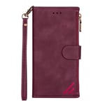 Multifunctional Leather Wallet Case for Samsung Galaxy A22 5G with Zip Closure, Phone Pouch for Samsung A22 5G - Can Store Earphones and Species, Wine