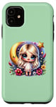 Coque pour iPhone 11 Vert, mignon dessin animé fille avec lune et étoiles