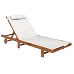 Outsunny Bain de Soleil en Bois Chaise Longue avec roulettes Dossier inclinable en 4 Positions Appui-tête et siège Large en textilène transat Jardin extérieur Piscine terrasse, 84x200x101cm, Blanc