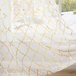 Kotile White and Gold Curtains for Bedroom - Metallic Gold Foil Geometric Lattice Pattern Printed White Voile Net Curtains 54 Drop Eyelet Sheer Window Treatment Curtain Panels, W66 x D54 Inch, 2 PCs