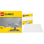 LEGO 11024 Classic Grey Baseplate, 48x48 Stud Building Base, Build and Display Board Set & 11010 Classic Baseplate White 10" x 10" / 25 cm x 25 cm for Winter Sets Construction Base
