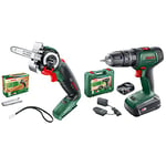 Bosch Home and Garden Cordless Saw AdvancedCut 18 LI (Without Battery, 18 Volt System, in Carton Packaging) & Home and Garden Cordless Combi Drill UniversalImpact 18