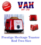 Toaster Red Stainless Steel Prestige Heritage 2 Slice  - Cancel, Reheat, Defrost