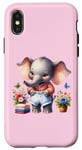 Coque pour iPhone X/XS Bébé éléphant rose en tenue, fleurs et papillons