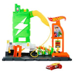 Hot Wheels Let's Race Netflix - City Super Recharge Fuel Station Playset with EV Chargers and 1:64 Scale Toy Car, HTN79
