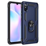 HAOTIAN Case for Xiaomi Redmi 9AT / Redmi 9A, Metal Ring Support [Compatible Magnetic Car Mount] Heavy Duty Armor Shockproof Cover, Silicone TPU + Hard PC Case. Navy blue